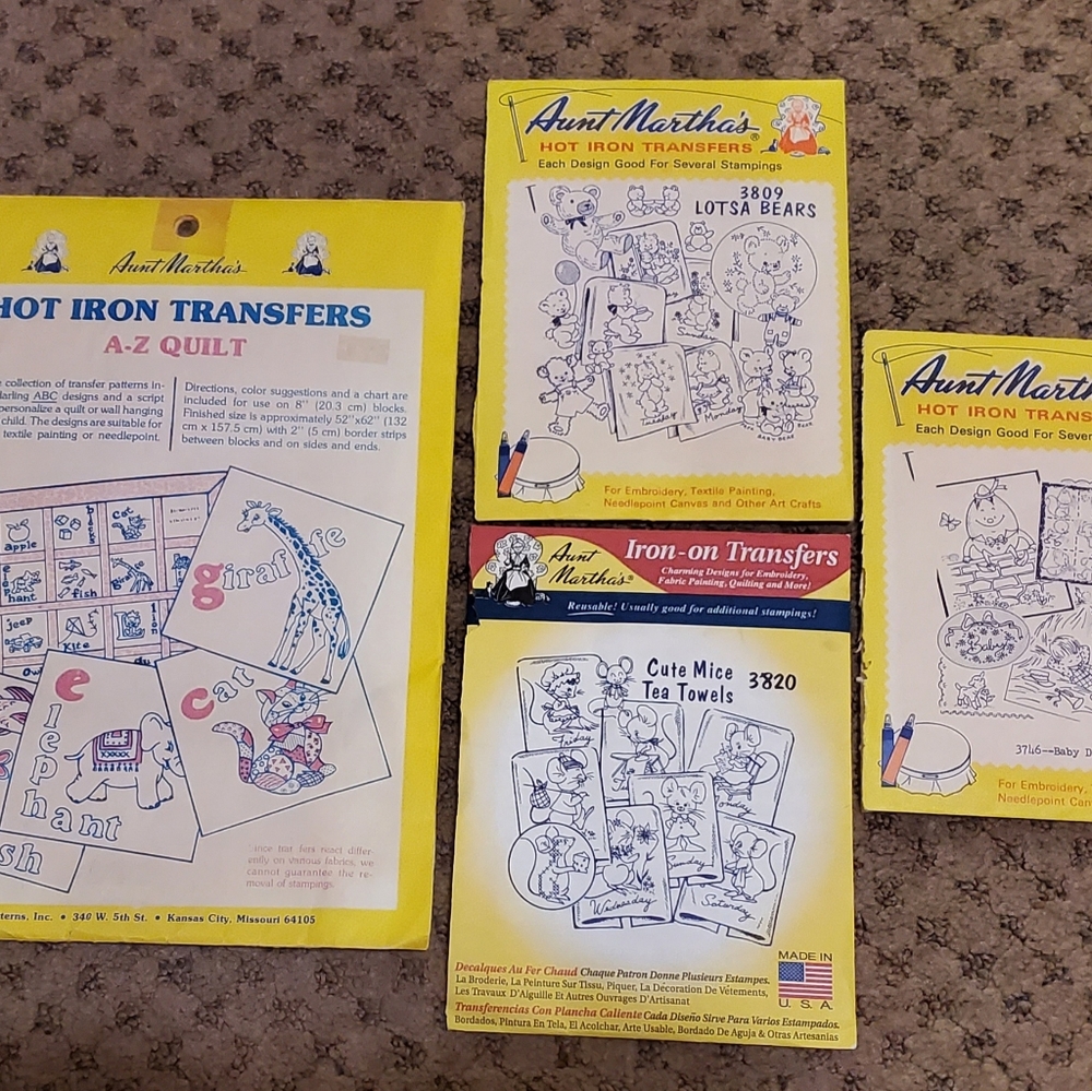 5 Aunt Martha's Hot Iron Transfer Flowers Bears A-Z Quilt Mice Baby Embroidery